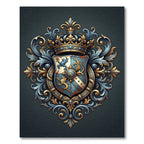 Ornate Blue and Gold Heraldic Crest Rug