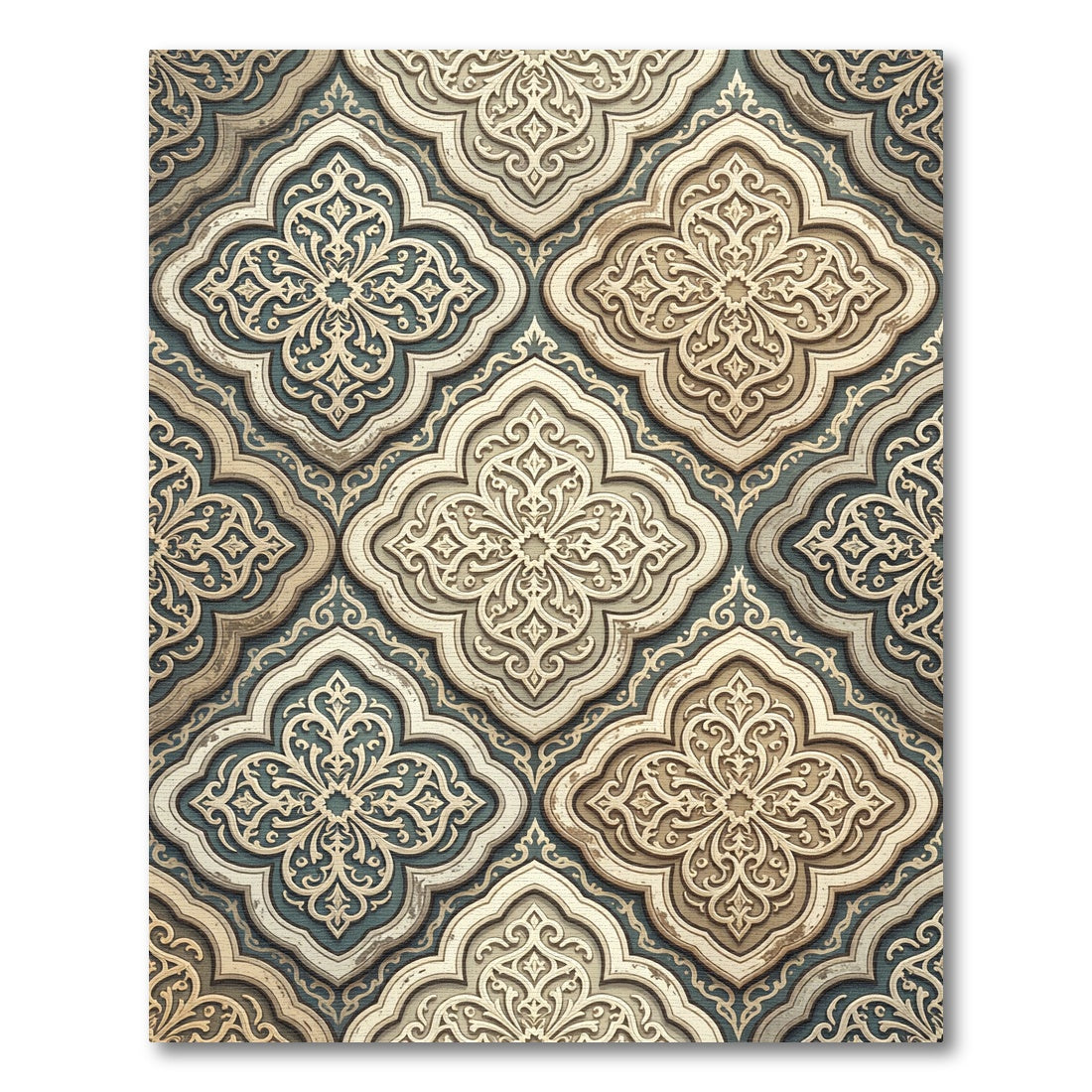 Elegant Cream and Teal Ornate Scrollwork Rug