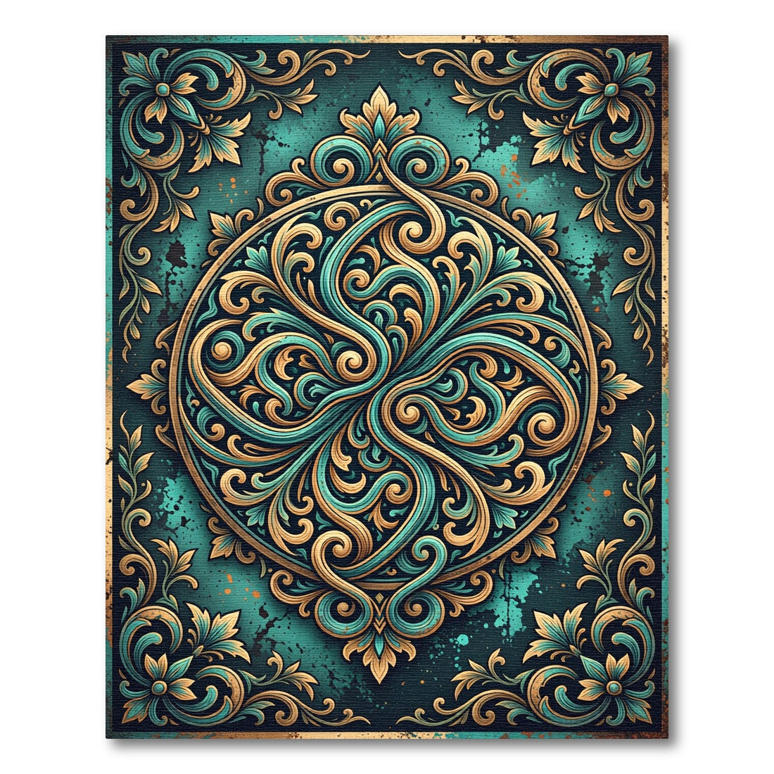 Ornate Teal Gold Scroll Medallion Rug