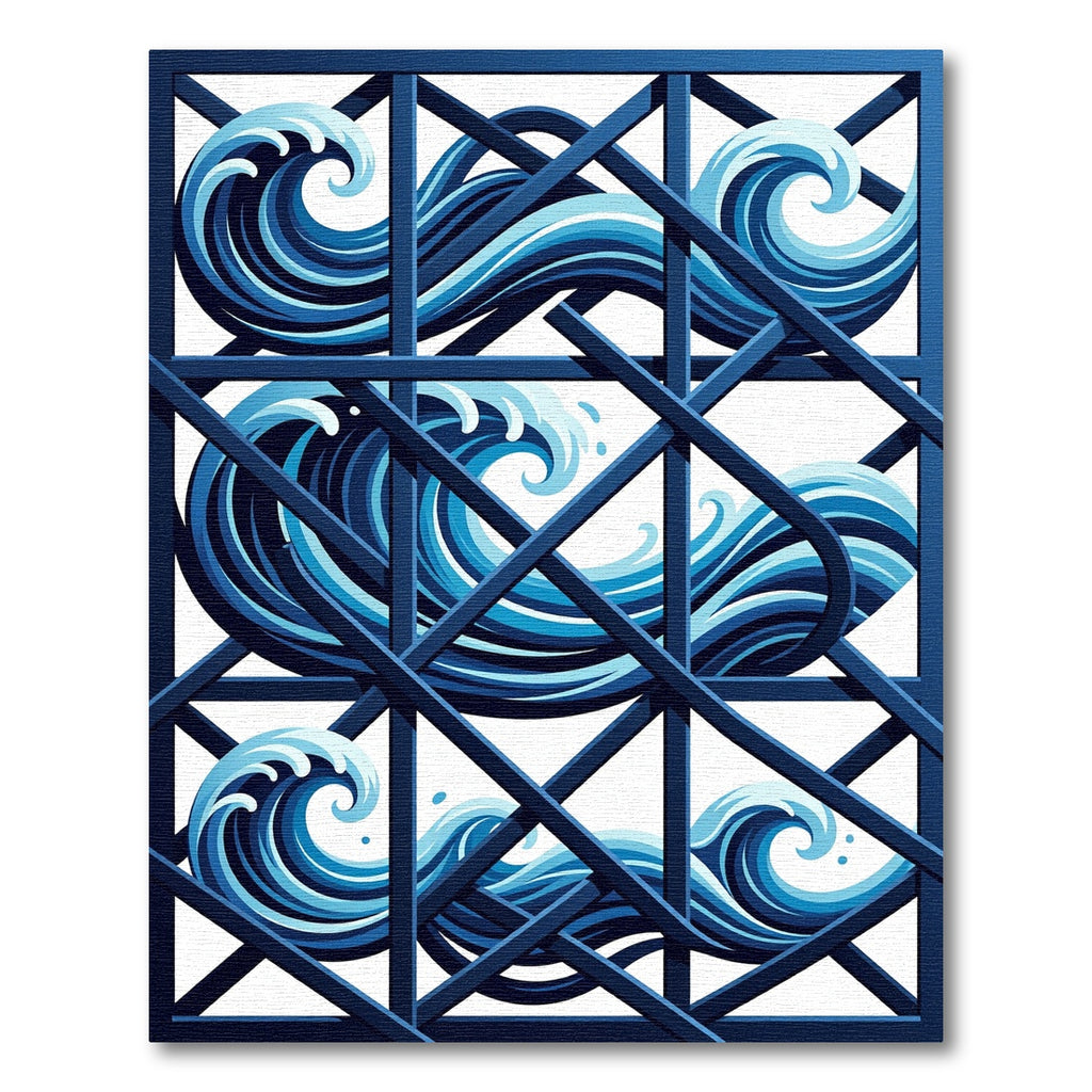 Geometric Grid Blue Ocean Wave Rug