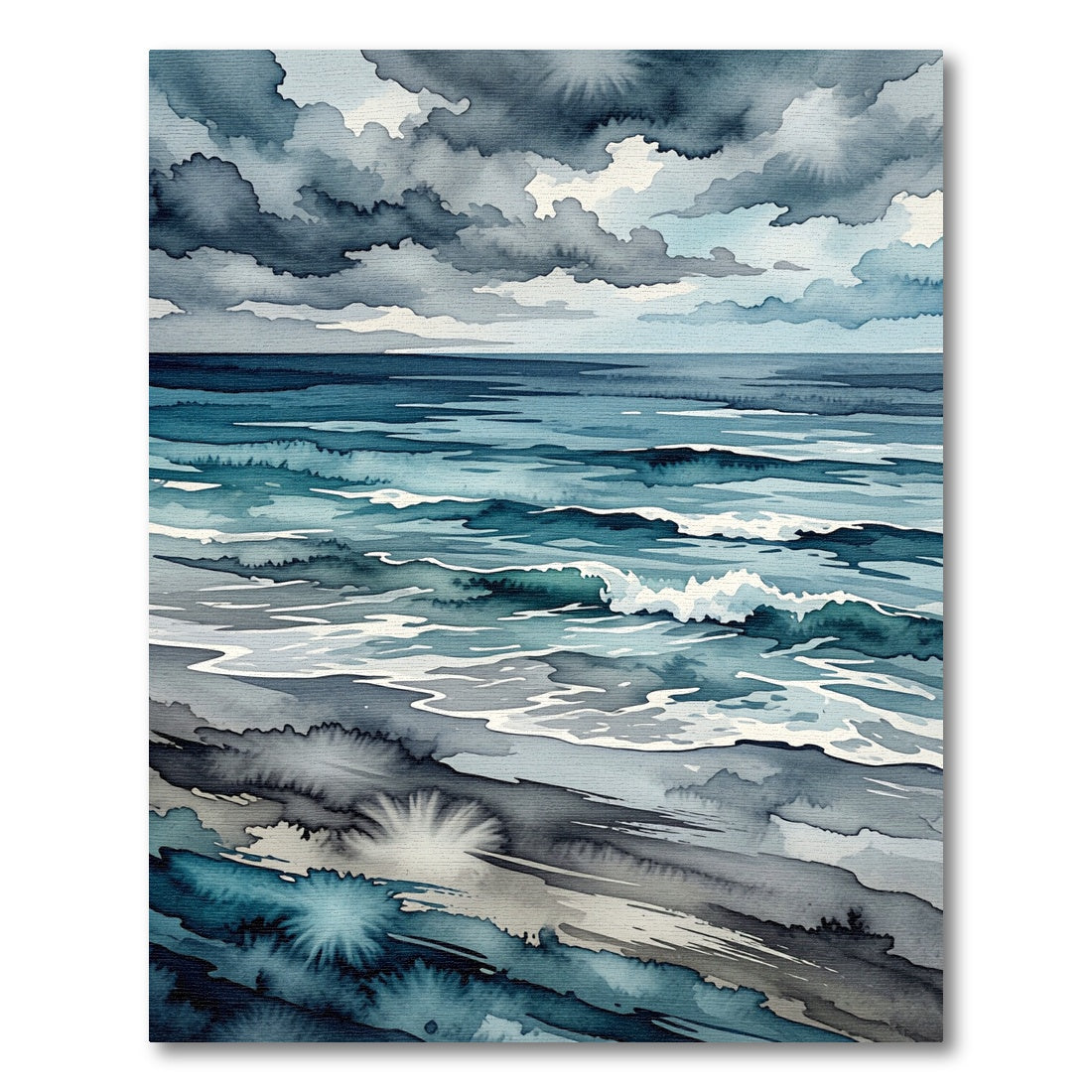 Stormy Blue Watercolor Ocean Wave Rug