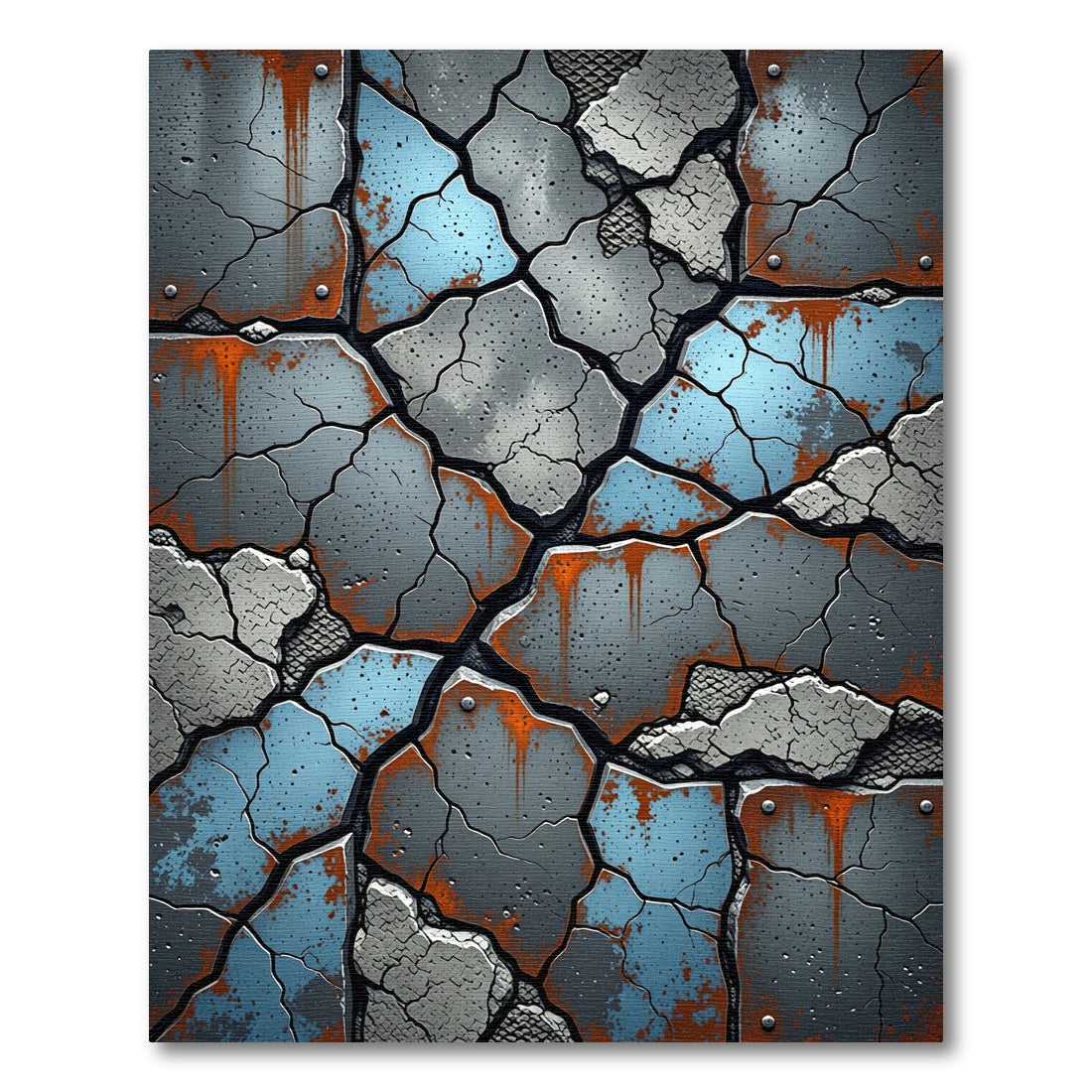 Cracked Blue Concrete Rusted Metal Plates Rug