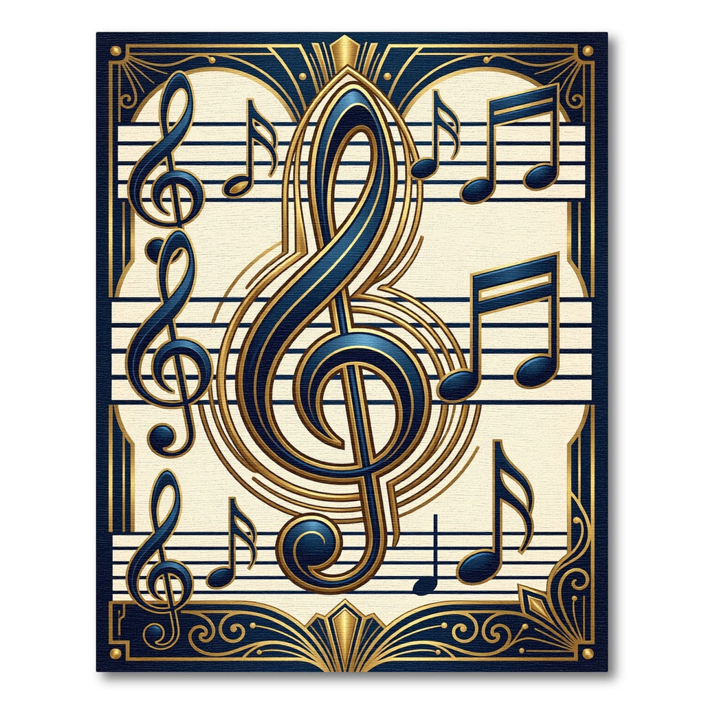 Art Deco Navy and Gold Music Note Rug