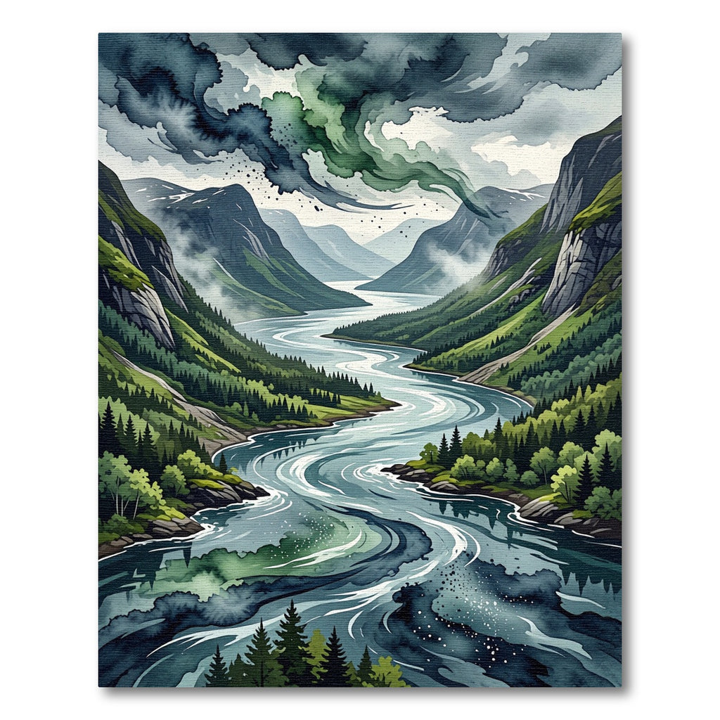 Moody Nordic Fjord River Landscape Rug