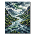 Moody Nordic Fjord River Landscape Rug