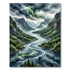 Moody Nordic Fjord River Landscape Rug