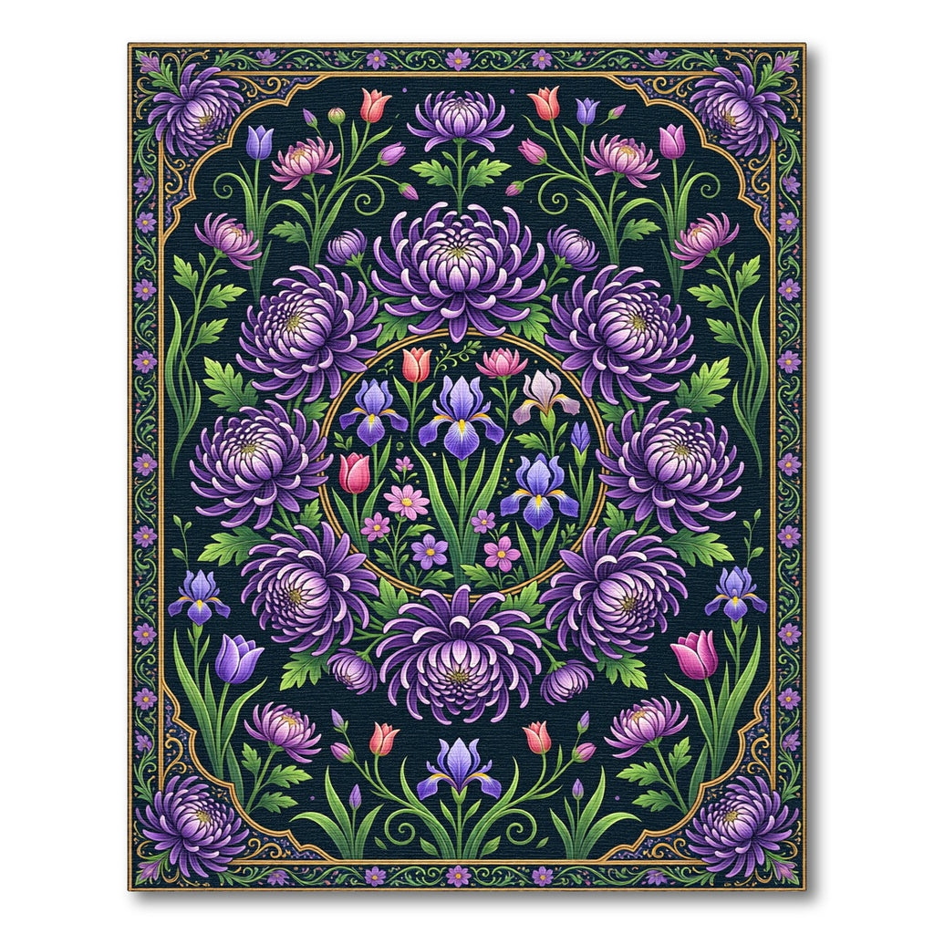 Ornate Purple Chrysanthemum Iris Floral Medallion Rug