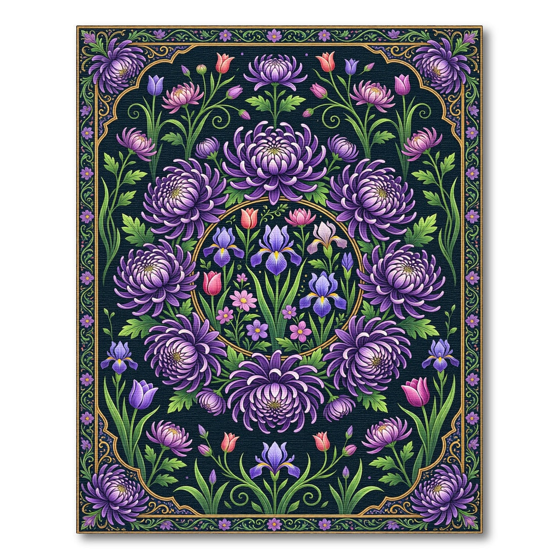 Ornate Purple Chrysanthemum Iris Floral Medallion Rug