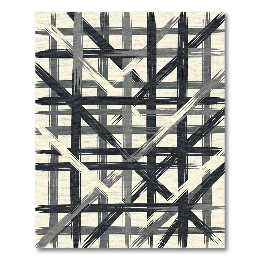 Abstract Black Gray Brushstroke Plaid Rug