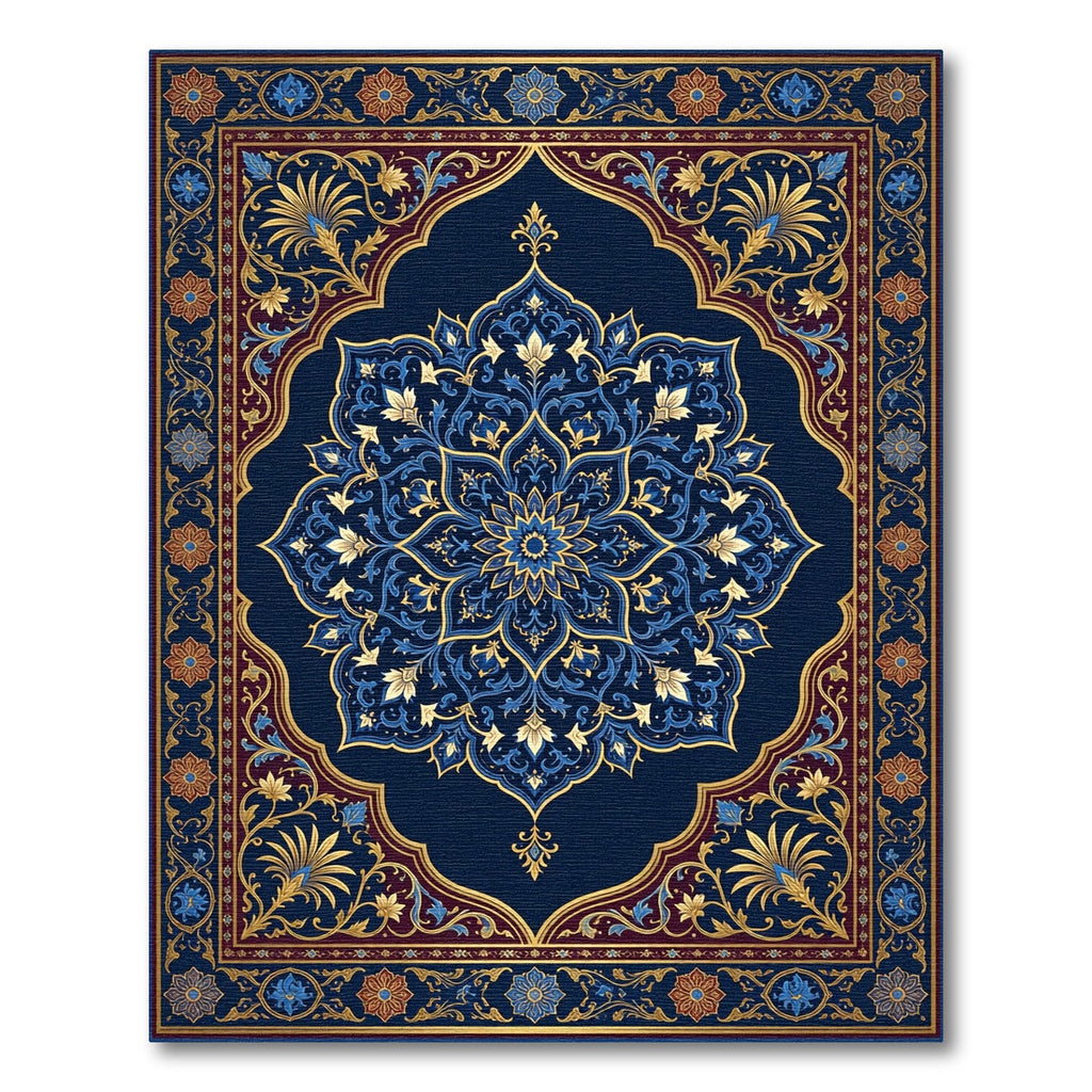 Ornate Navy Golden Floral Medallion Rug