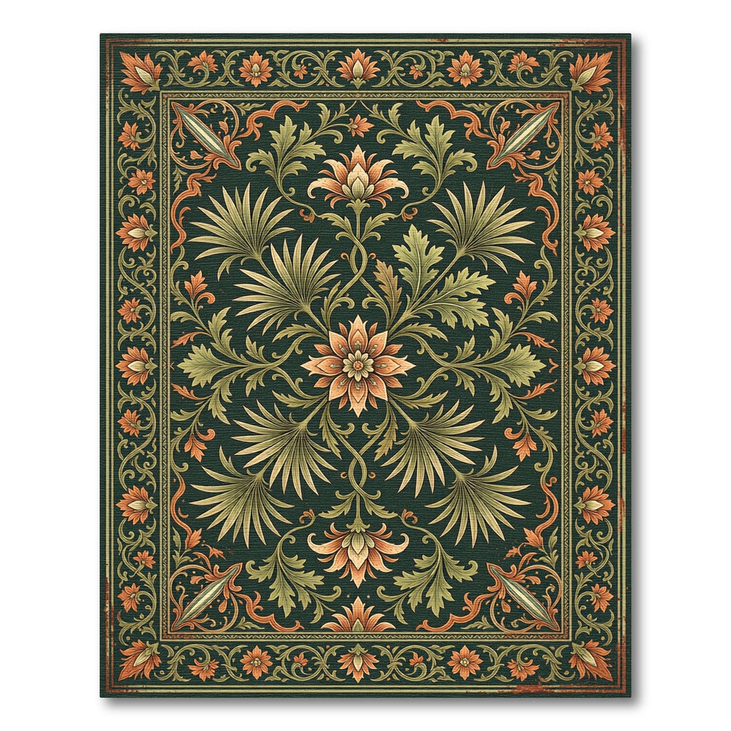 Earthy Forest Green Ornate Botanical Area Rug