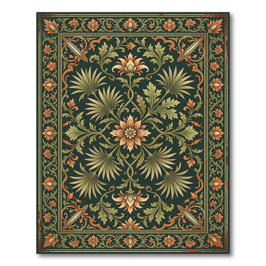 Earthy Forest Green Ornate Botanical Area Rug