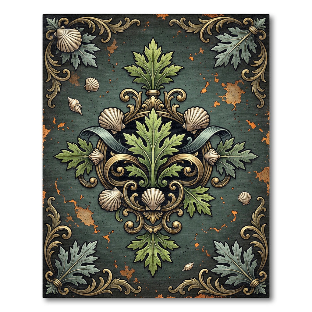 Ornate Green Acanthus Shell Damask Rug