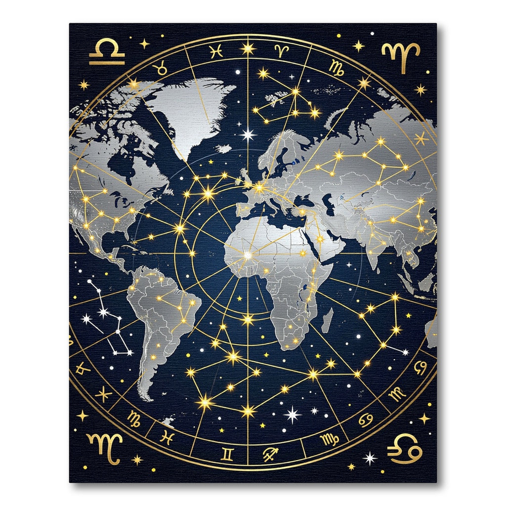 Celestial Golden Constellation World Map Rug