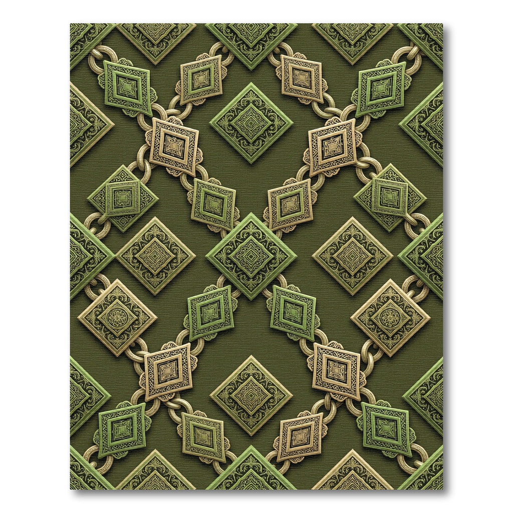 Olive Green Ornate Interlocking Geometric Diamond Rug