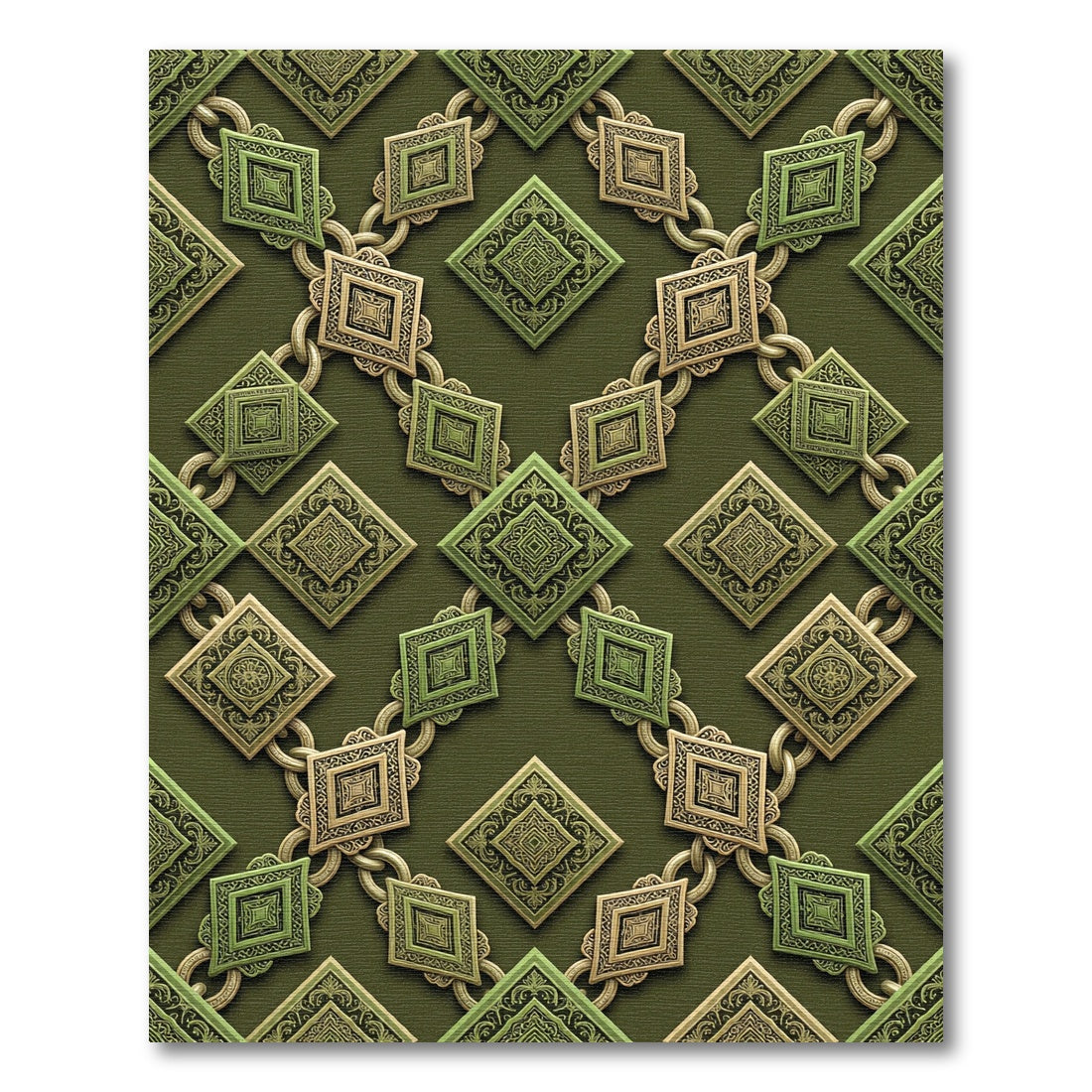 Olive Green Ornate Interlocking Geometric Diamond Rug