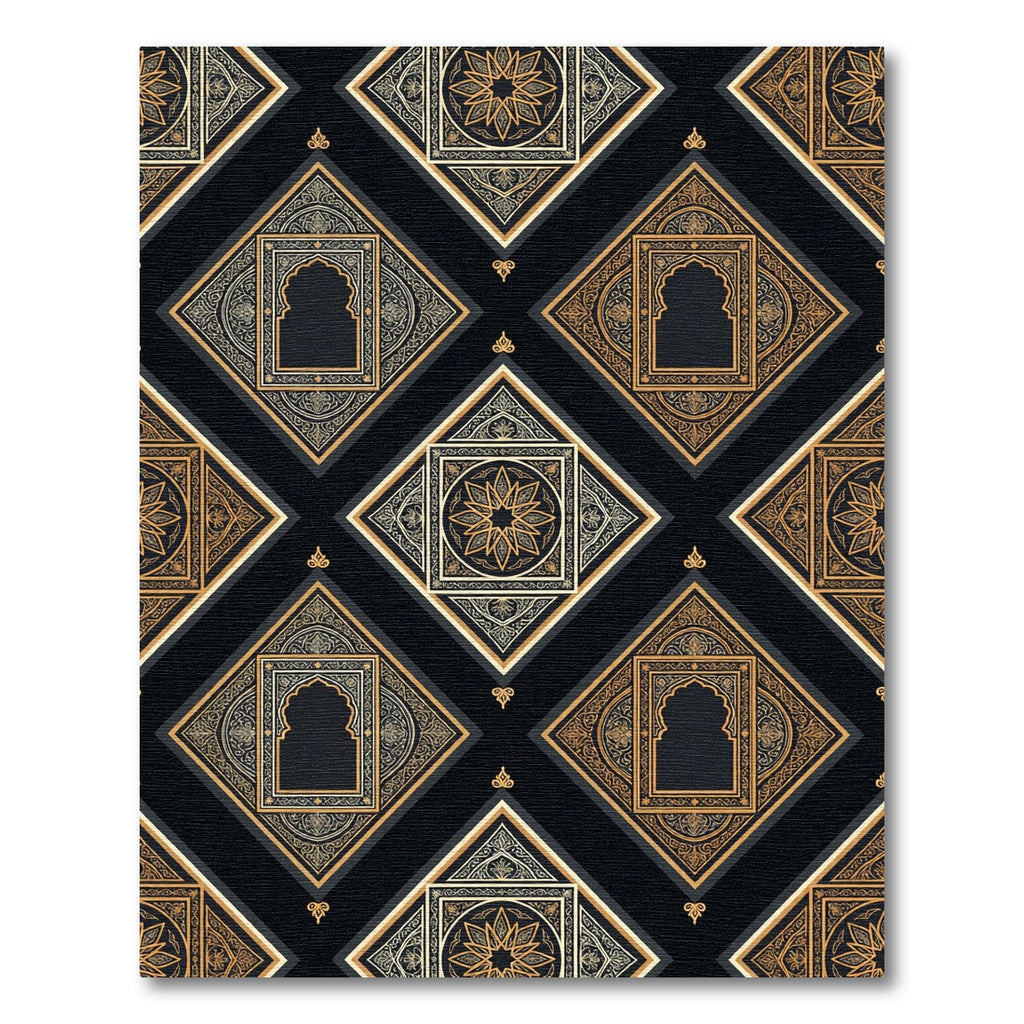 Black Gold Ornate Arch Medallion Diamonds Rug