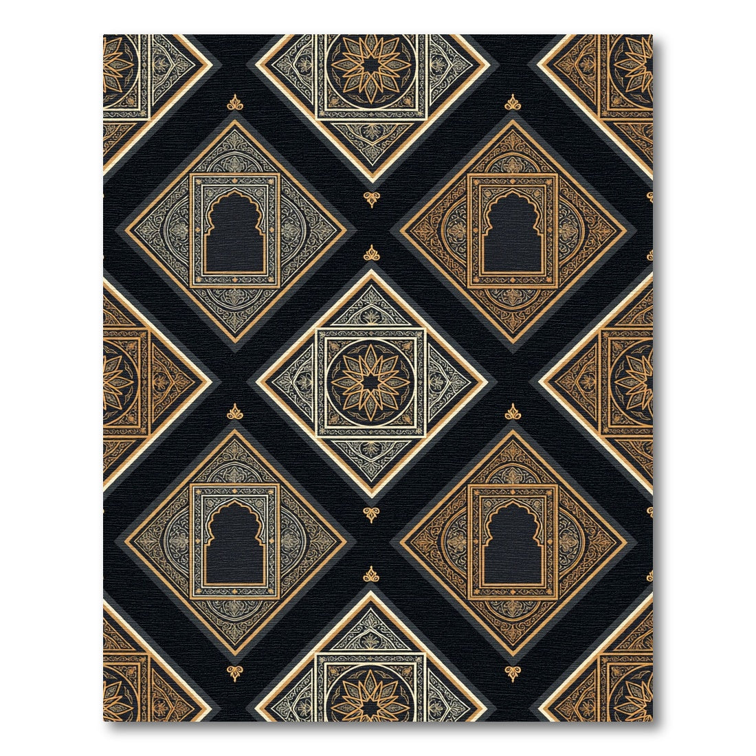 Black Gold Ornate Arch Medallion Diamonds Rug