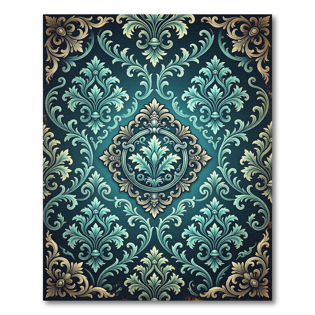 Ornate Teal Damask Floral Filigree Rug