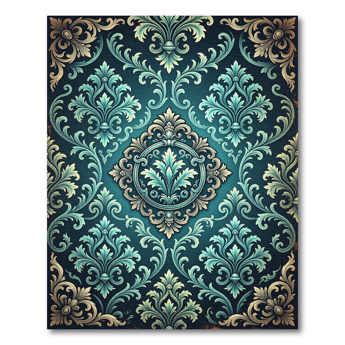 Ornate Teal Damask Floral Filigree Rug