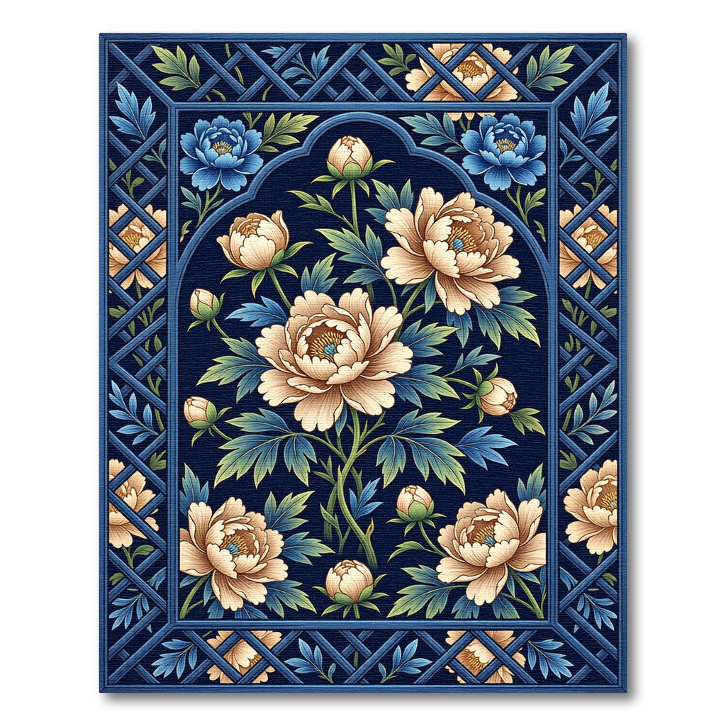 Naval Blue Floral Lattice Art Rug