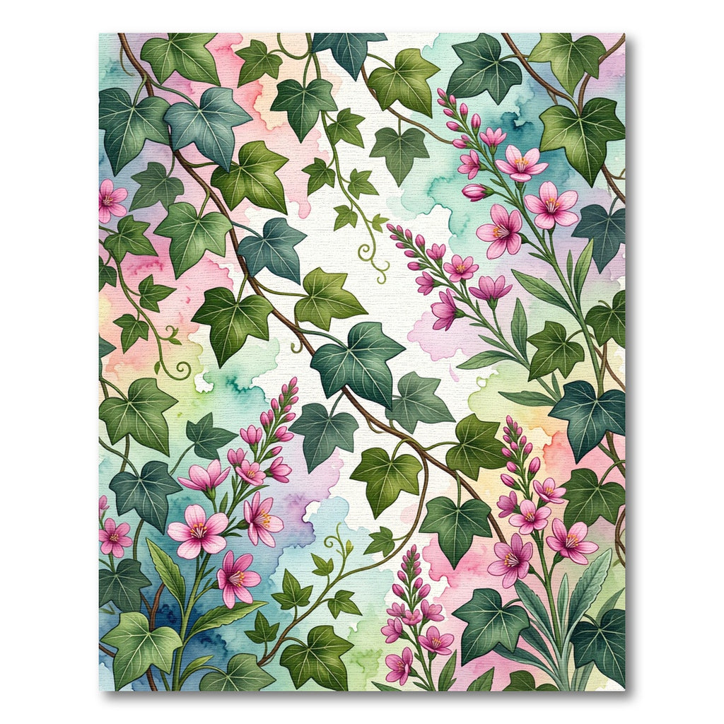 Watercolor Ivy and Pink Blossom Garden Rug
