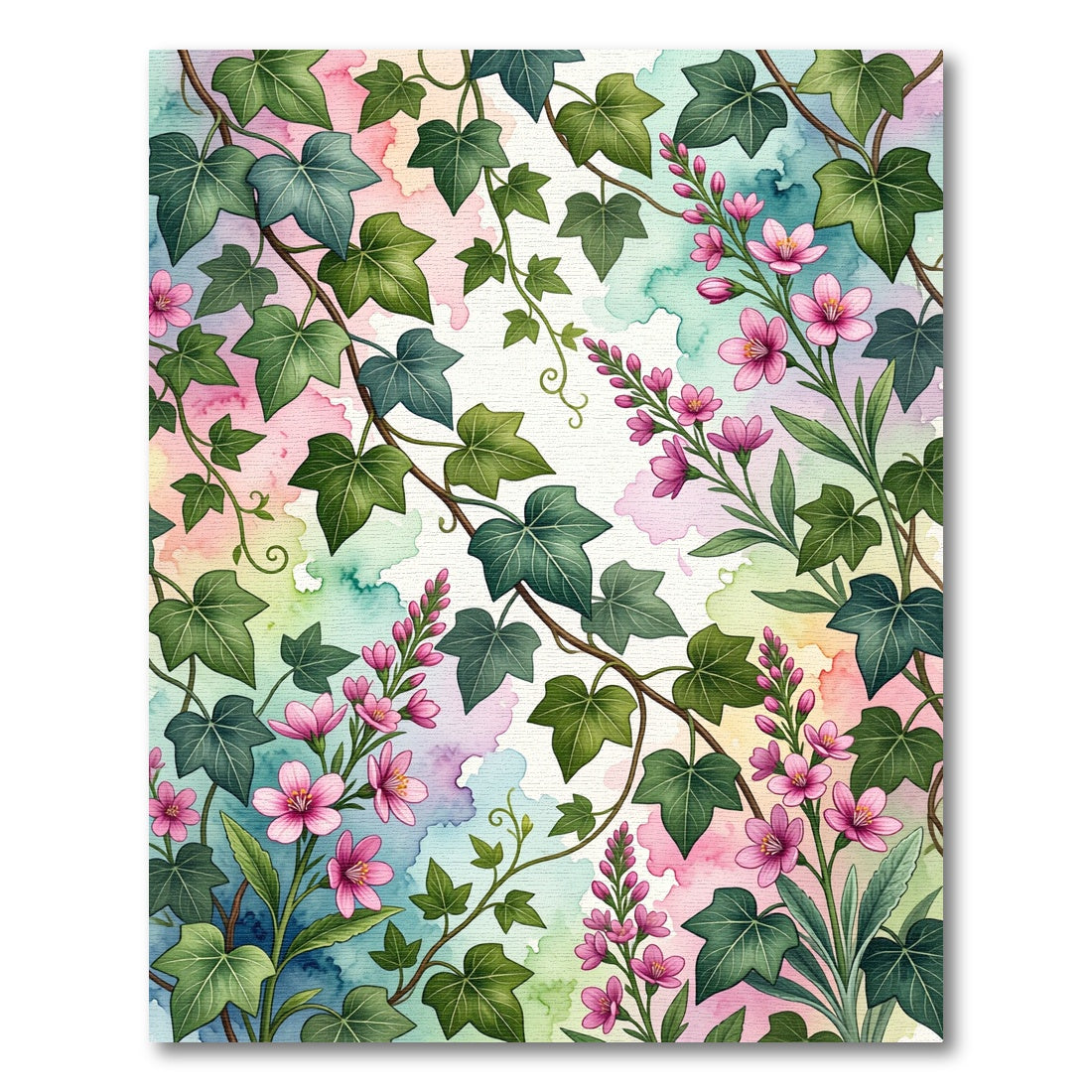 Watercolor Ivy and Pink Blossom Garden Rug