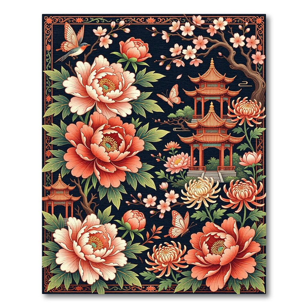 Elegant Chinoiserie Peony Pavilion Floral Art Rug