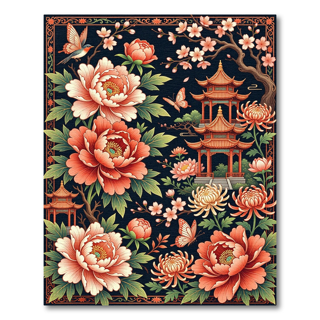 Elegant Chinoiserie Peony Pavilion Floral Art Rug