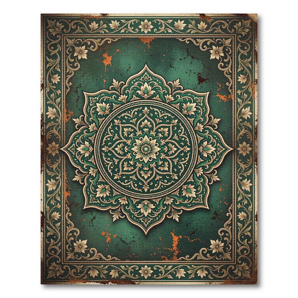 Emerald Green Floral Medallion Aged Rug