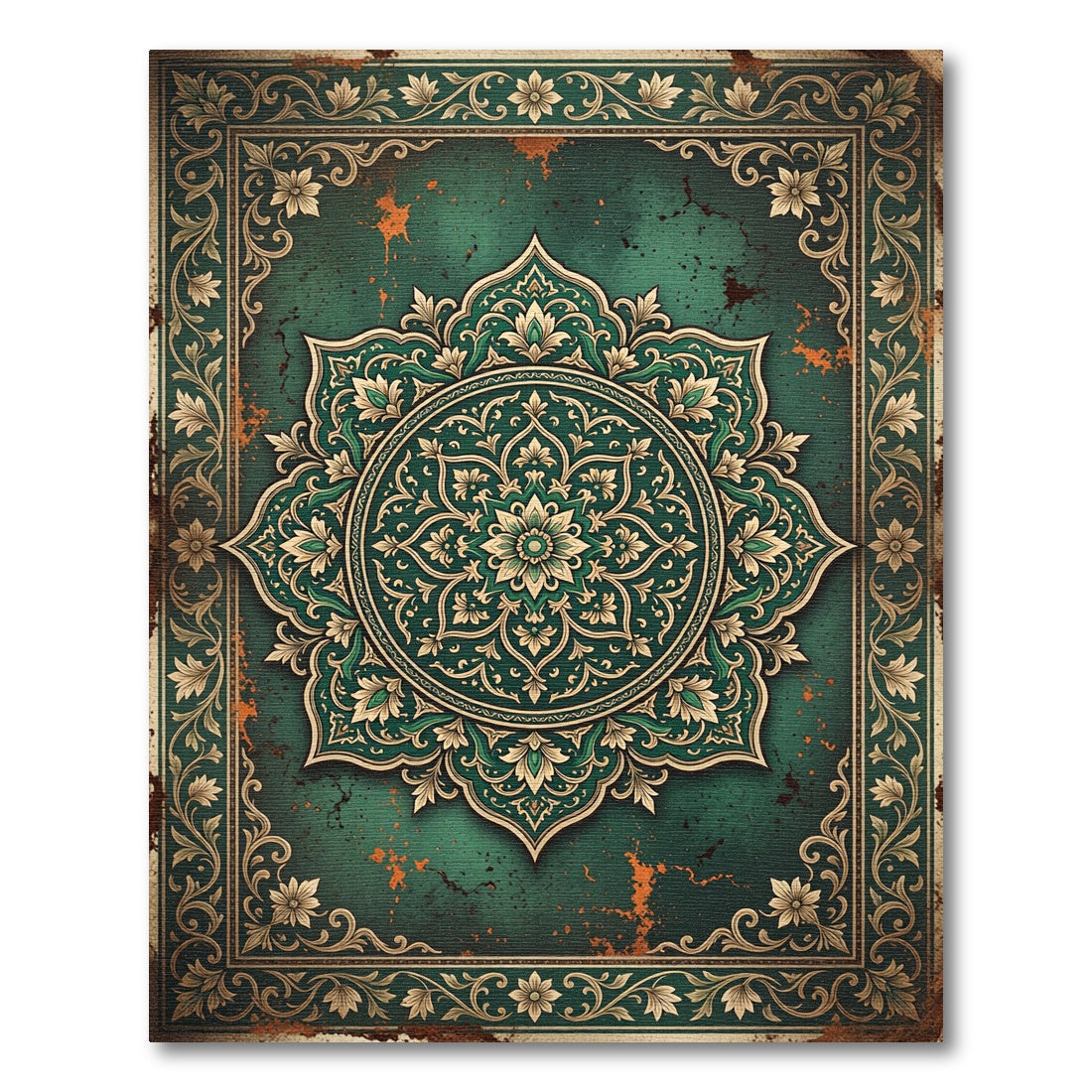Emerald Green Floral Medallion Aged Rug