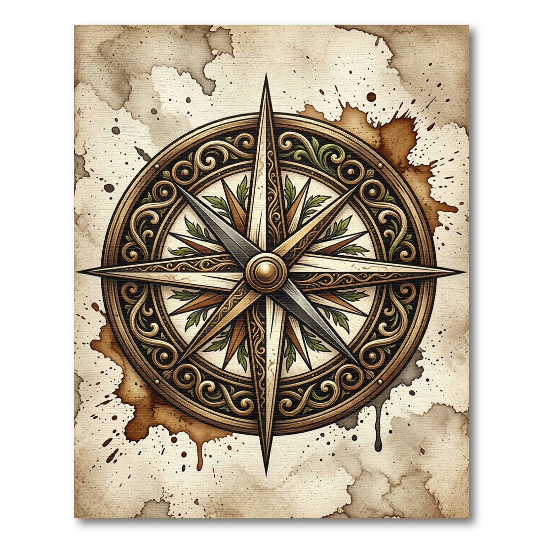 Ornate Golden Compass Nautical Map Rug