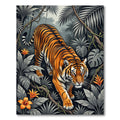 Vivid Tiger Amidst Monochrome Tropical Flora Rug