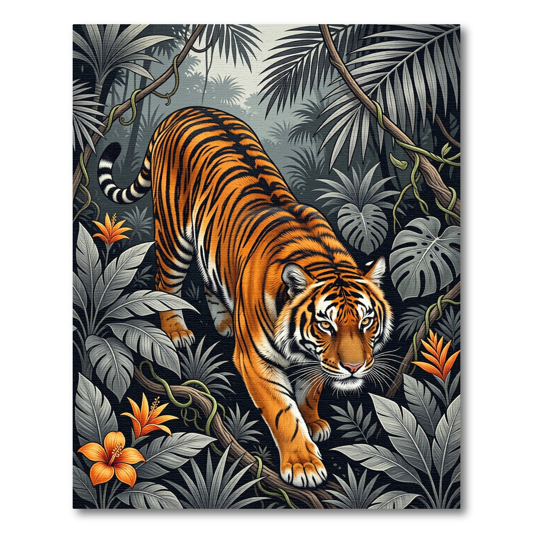 Vivid Tiger Amidst Monochrome Tropical Flora Rug