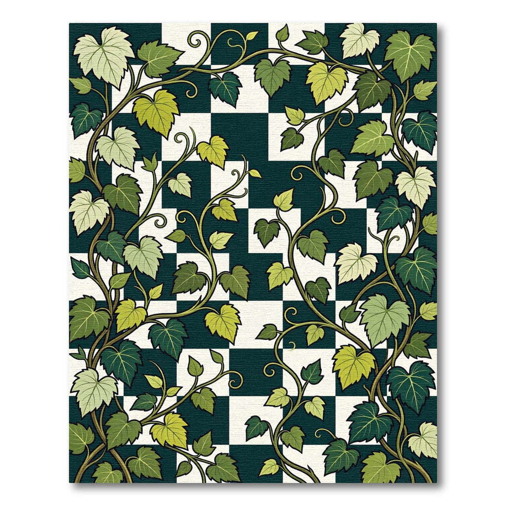 Lush Botanical Vine Checkerboard Art Rug