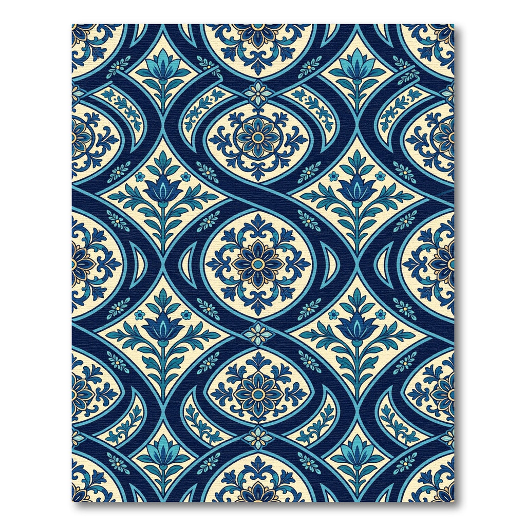 Navy Blue Golden Floral Arabesque Rug