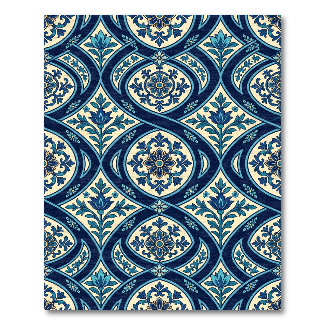 Navy Blue Golden Floral Arabesque Rug