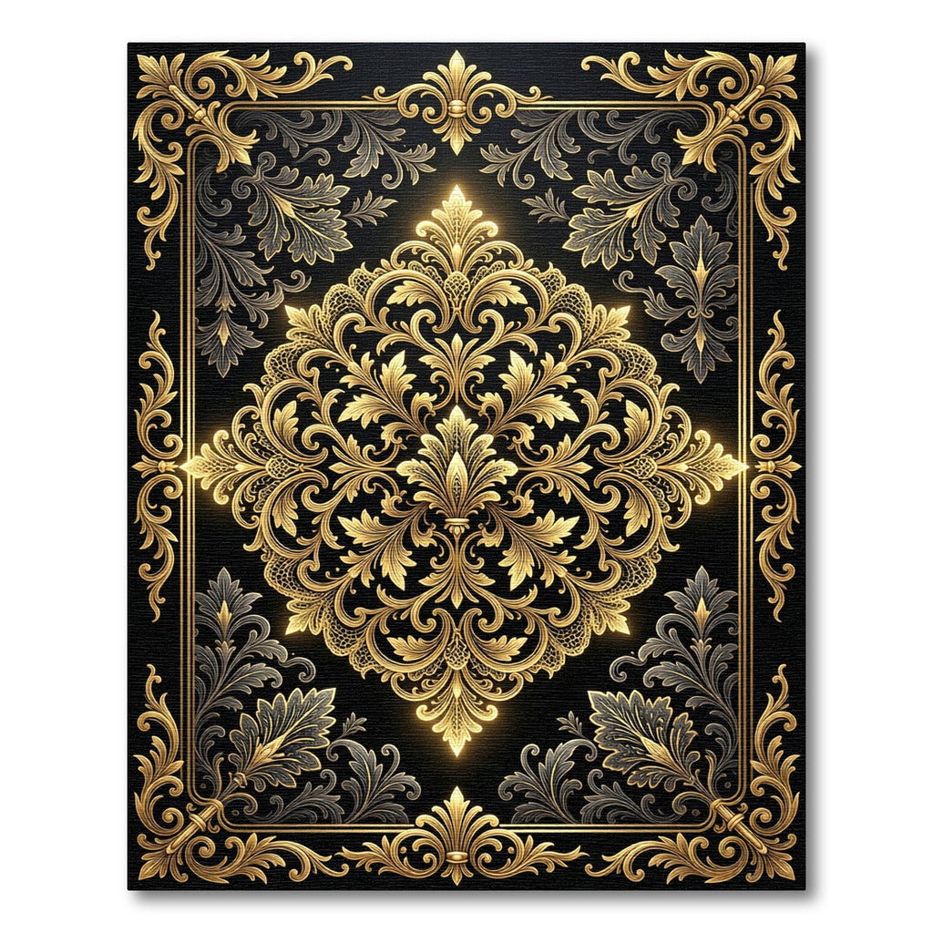 Gilded Ornate Damask Black Gold Luxury Rug
