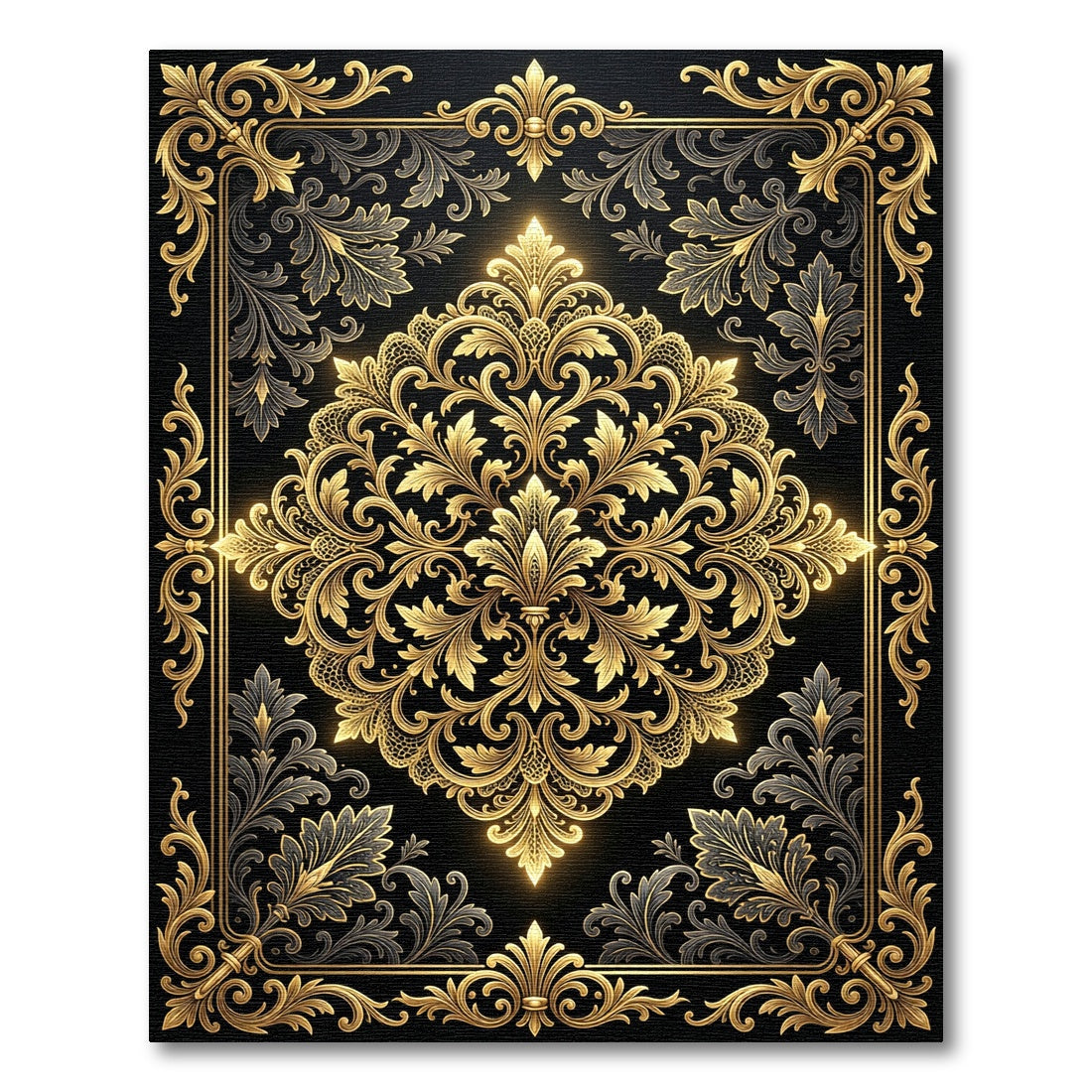 Gilded Ornate Damask Black Gold Luxury Rug