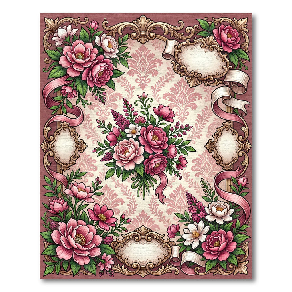 Vintage Pink Floral Damask Ribbon Frame Rug