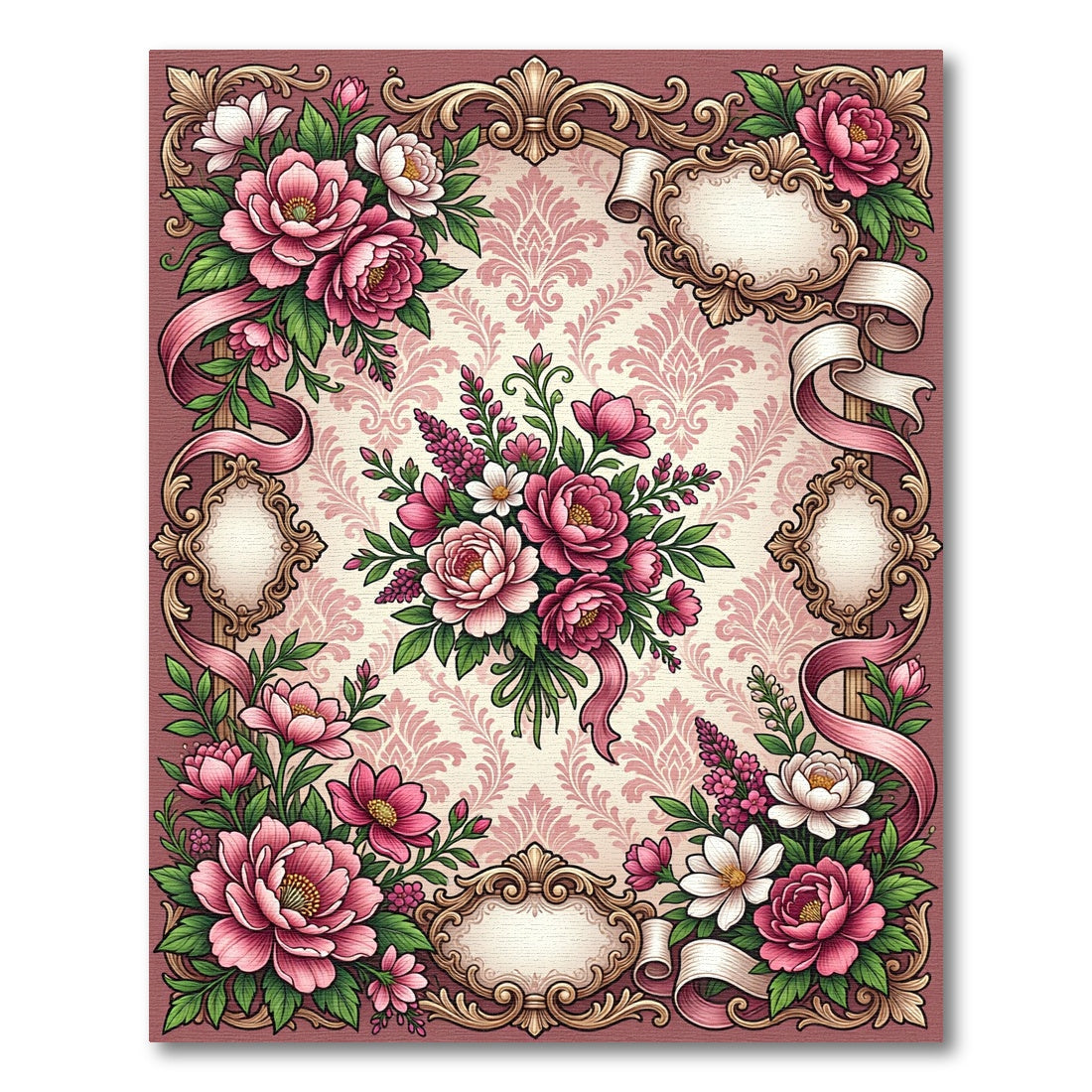 Vintage Pink Floral Damask Ribbon Frame Rug