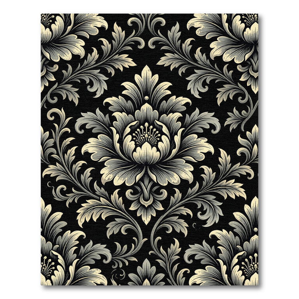 Elegant Black Floral Scroll Damask Rug