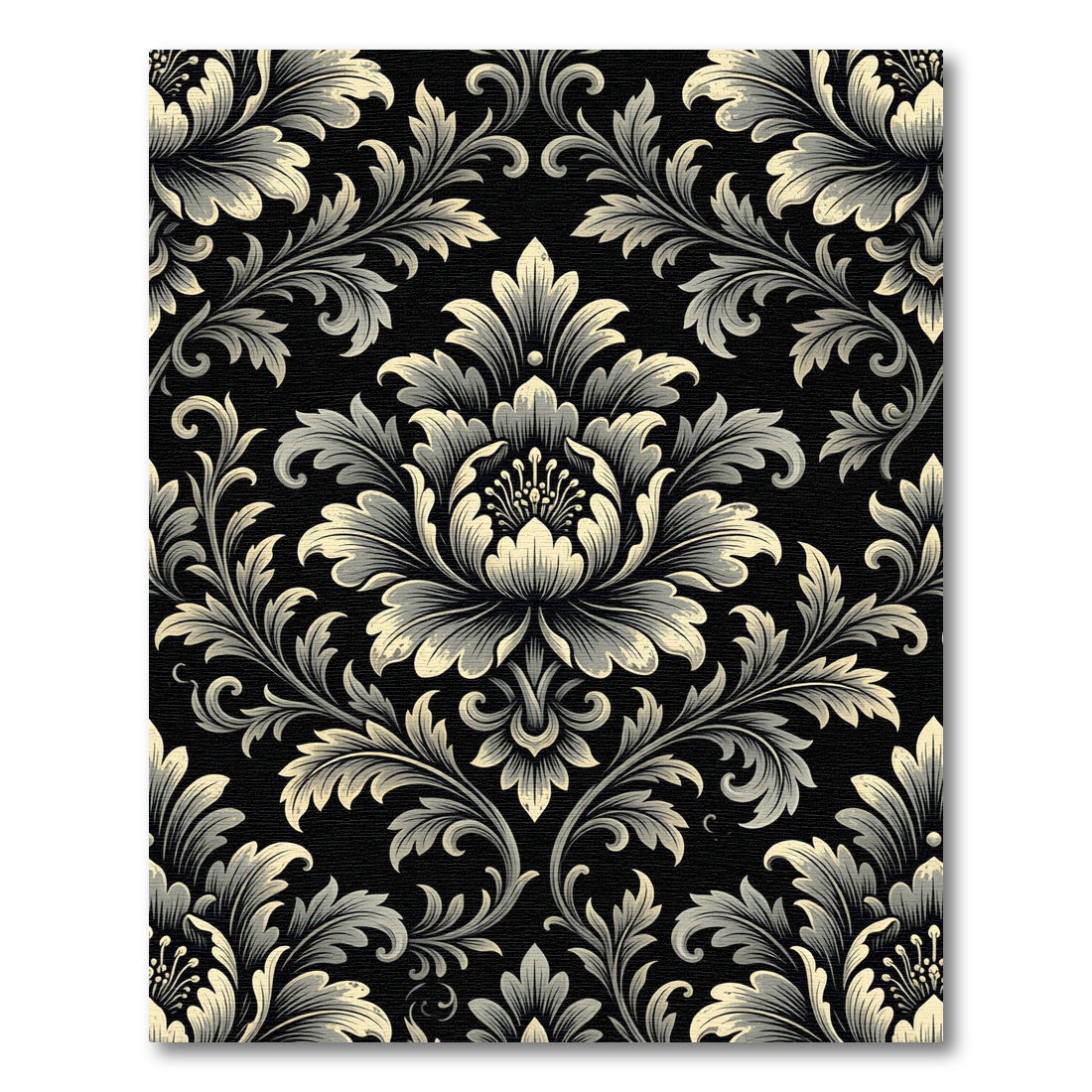 Elegant Black Floral Scroll Damask Rug