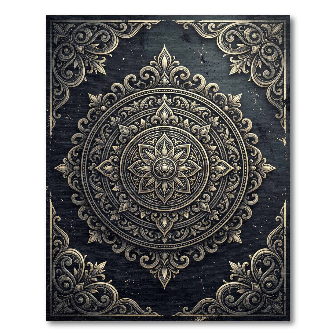 Ornate Charcoal and Champagne Floral Medallion Rug