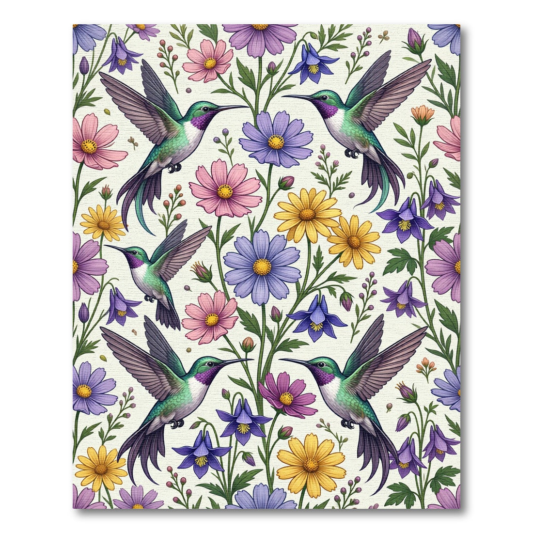 Vibrant Hummingbird and Floral Botanical Meadow Rug