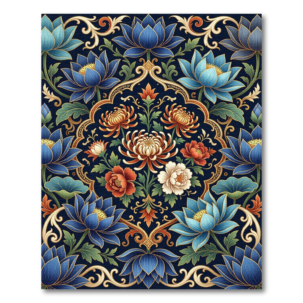 Deep Blue Floral Lotus Garden Rug