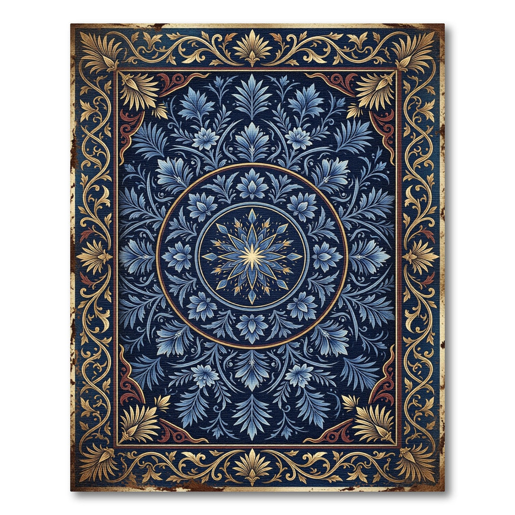 Intricate Blue Floral Gold Medallion Rug