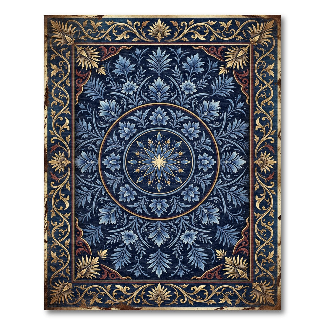 Intricate Blue Floral Gold Medallion Rug