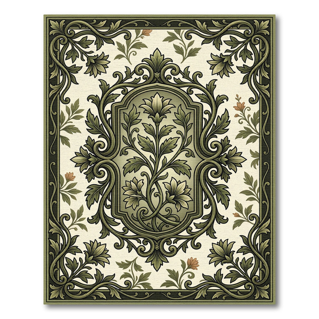 Elegant Sage Botanical Scroll Floral Rug