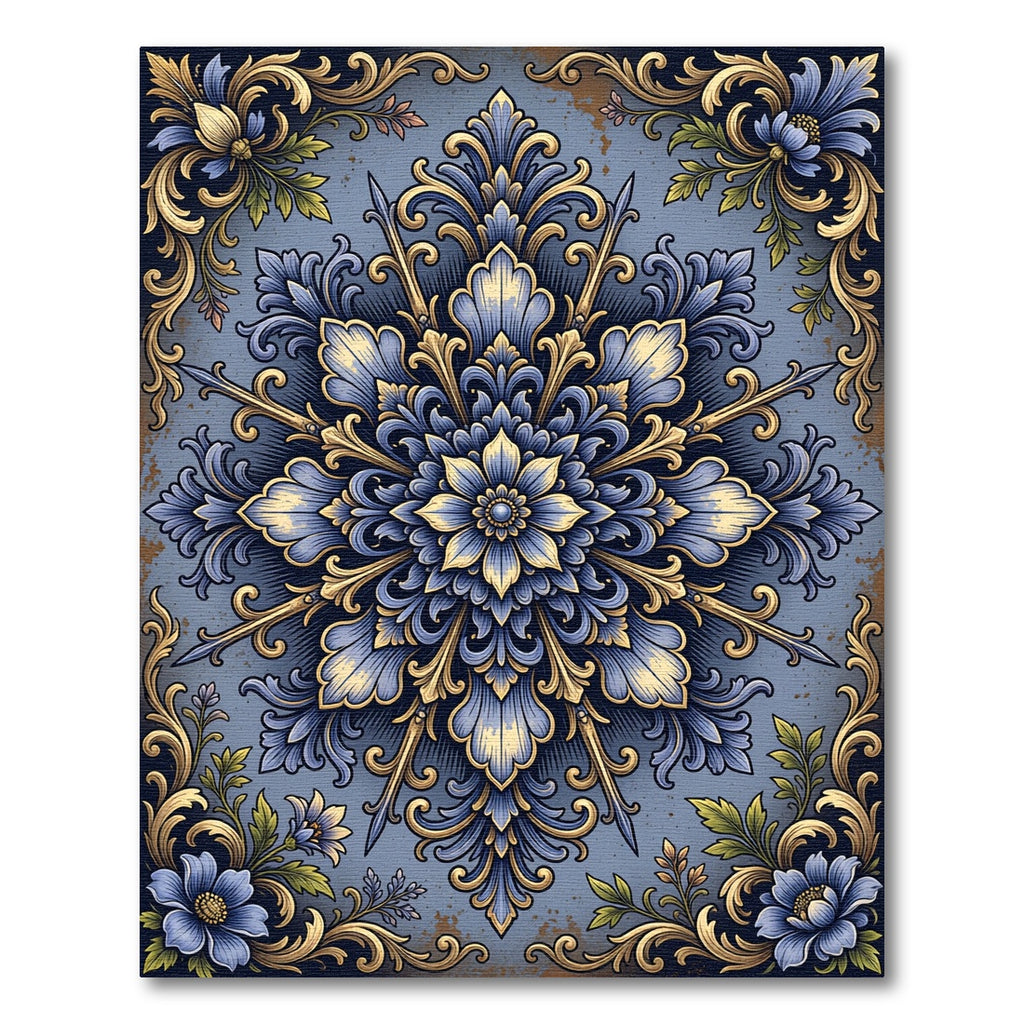 Ornate Vintage Blue Golden Floral Medallion Rug